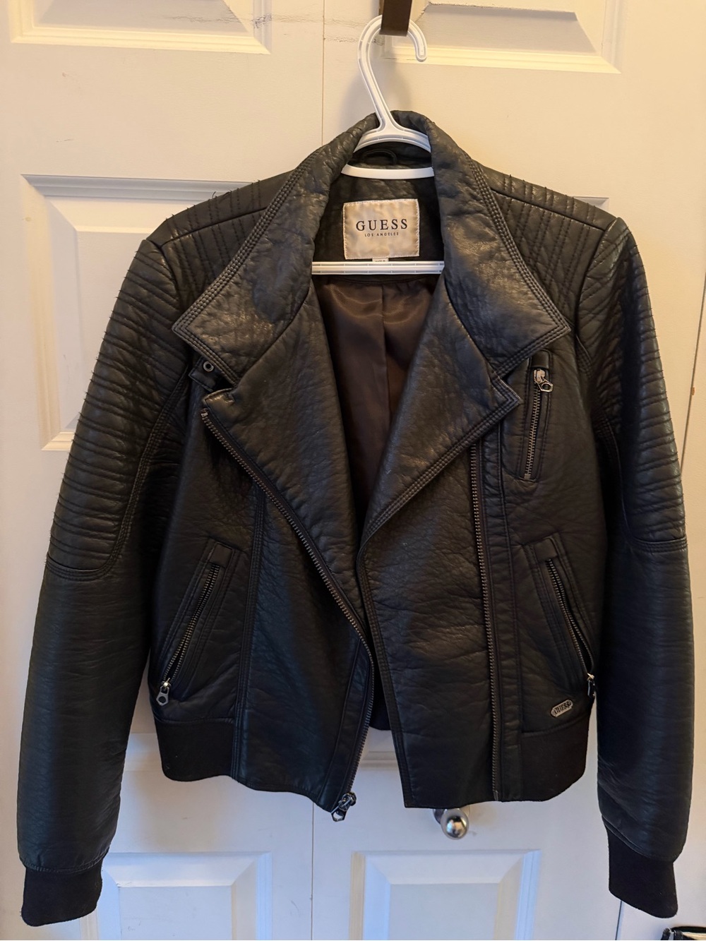 GUESS Black Quilted Faux Leather Moto Jacket with Zip Pockets